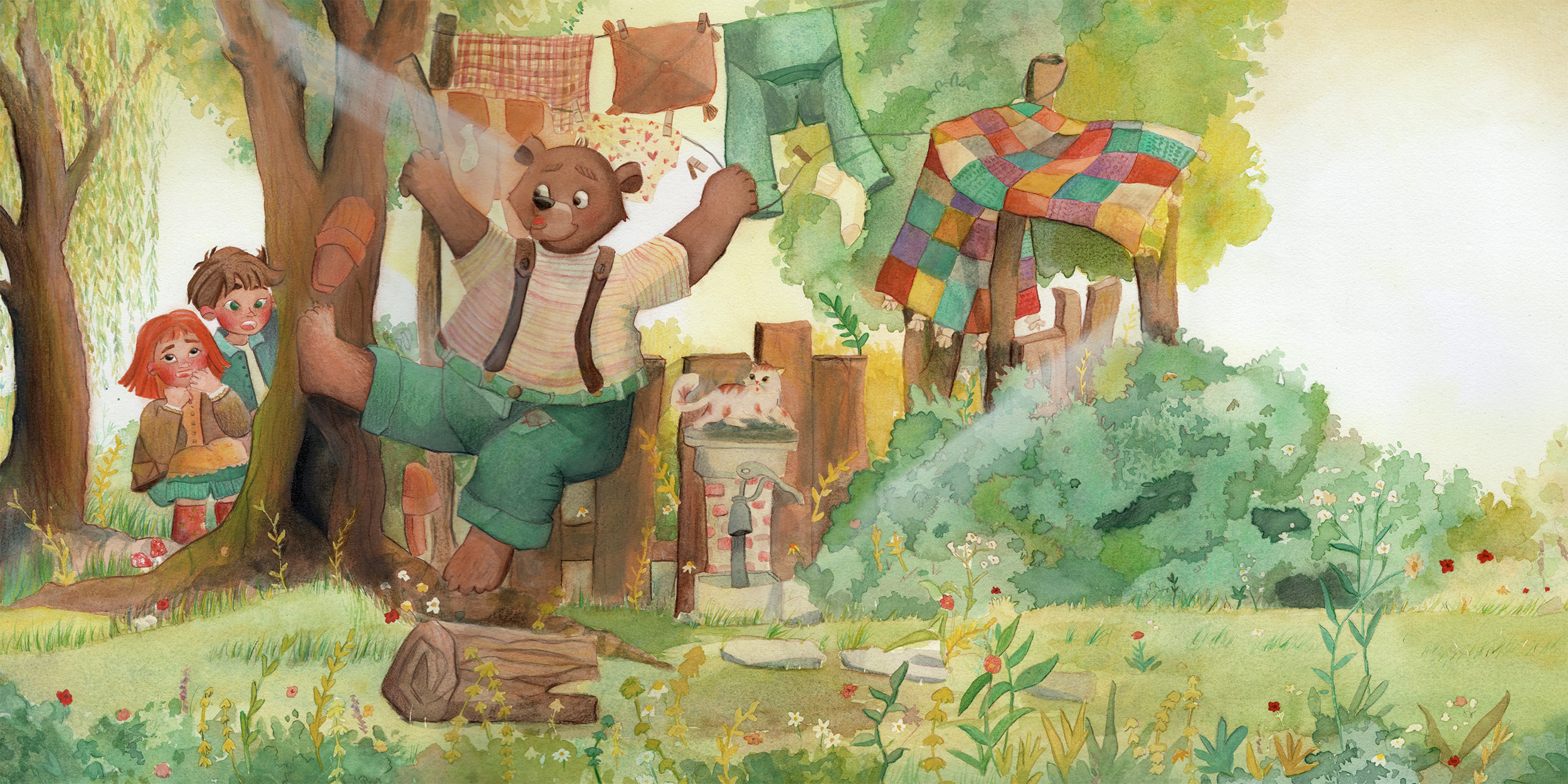 "Edgar, the Mischievous Bear" from personal project The Dreamless Bear. A playful forest scene where Edgar has a harmless, funny tumble, adding humor and charm to the story.