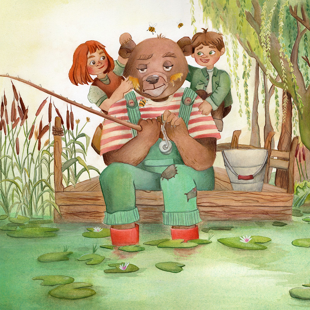 "The Dreamless Bear" a grumpy bear character design with a slightly annoyed expression in a soft, cute, child-friendly style.