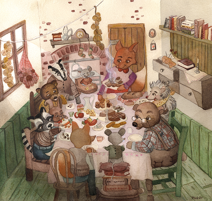A cozy forest dinner scene where woodland animals share food at sunset under glowing lanterns, creating a warm and peaceful atmosphere.